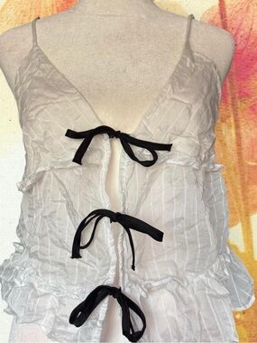 White Ruffled Tie-Front Cami with Black Bows
